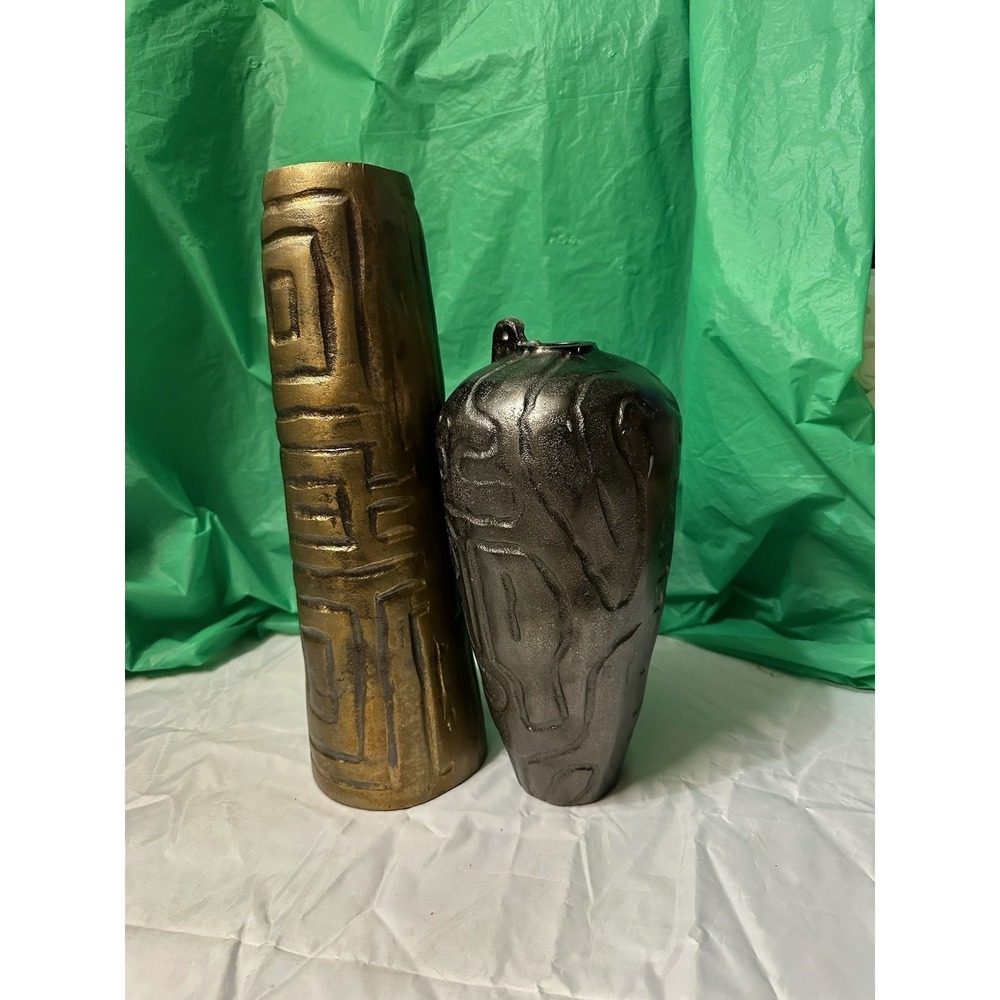 Set of 2 Modern Textured Ceramic Vases Gold & Black Abstract Decor 15"‎